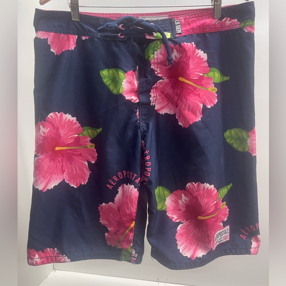 Aeropostale Navy Board‎ Shorts with Pink Hibiscus Print